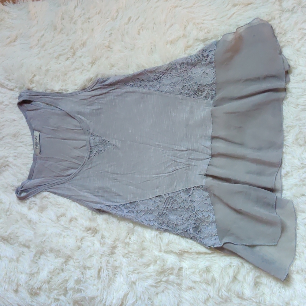 ROMY Lace Baby Doll Tank Top Gray, Size Small